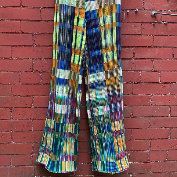 Julia Heuer Crinkle Stretch Pant Bell Wide Leg Rainbow Pride Orange Blue Rave - Picture 1 of 9